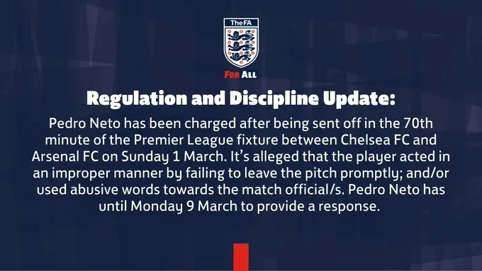 澳客-英足总官方:指控切尔西边锋内托红牌后出言不逊+未及时离场